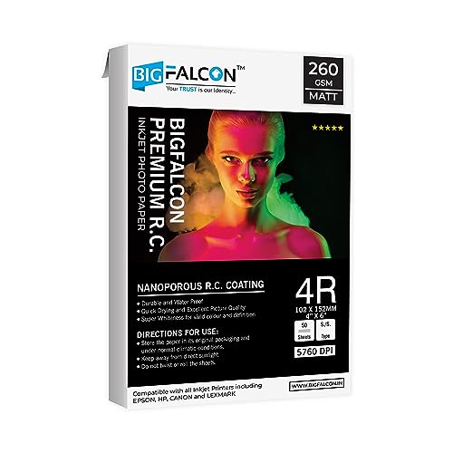 Image of BIGFALCON Premium 260 GSM 4R Size (4X6 inch) Matt (Luster) RC Resin Coated Waterproof Inkjet Photo Paper 50 Sheets for all Inkjet Printer (Pack of 1)