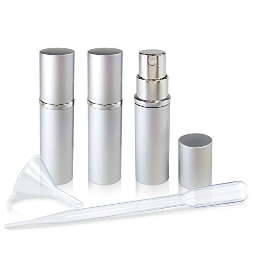 L'AUTRE PEAU Refillable Perfume & Cologne Fine Mist Atomizers with Metallic Exterior & Glass Interior - 5ml Portable Travel Size - 3ml Squeeze Transfer Pipette Included (3 Pack, Silver)