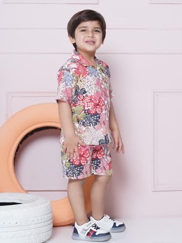 Image of AJ DEZINES Kids Cotton Shirt Shorts Half Sleeves Floral Printed CO-ORDS Set for Boys