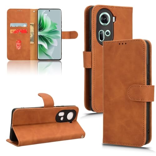 Étui Oppo Reno11 5G en cuir PU marron avec porte-cartes et dragonne
