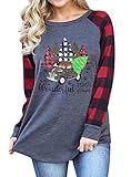 Merry Christmas Tree Shirt Women Christmas Truck T Shirt Xmas Plaid Long Sleeve Raglan Baseball Graphic Tee Tops L