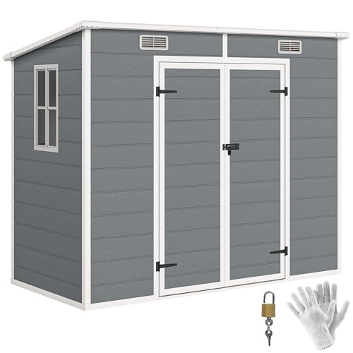 Outsunny 8' x 4' Outdoor Storage Shed, Resin Plastic Shed with Floor, Window, Lockable Doors and Vents, All-Weather Tool Shed for Backyard, Patio, Lawn, Gray