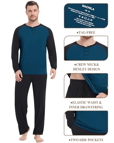 Image of NACHILA Mens Pajamas Set Viscose Made from Bamboo Henley Top Sleep Pants | Henley Top,Soft pants,Tagless Comfort,Moisture Wicking,Ultra silky, All season Loungewear Set, Jogger Sweatpant,Match set