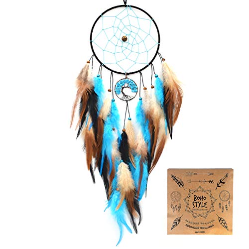 Urdeoms Blue Tree of Life Dream Catchers for Bedroom Adult Boho Big Dream Catcher for Boys Girls with Crystal Turquoise Hanging Ornament and Feathers Blessing Gifts(NO.33)