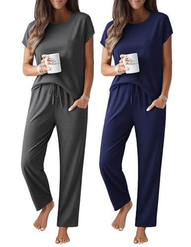 Ekouaer 2 Packs Pajamas for Women Set Cap Sleeve...