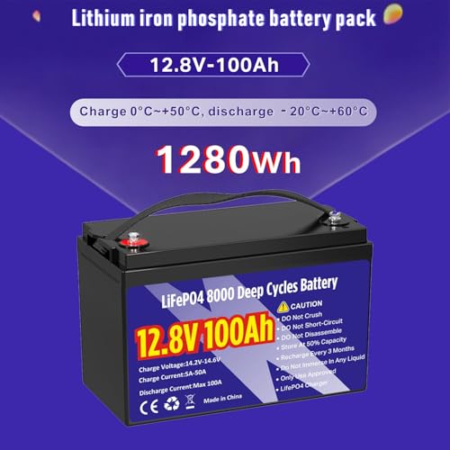 Image of 12V 100Ah LiFePO4 Lithium Battery, Group 31 1280Wh Lithium Iron Phosphate Battery 8000+ Deep Cycles Long Lifespan with Built-in BMS Low Temperature Battery for Trolling Motor, RVs, Solar System