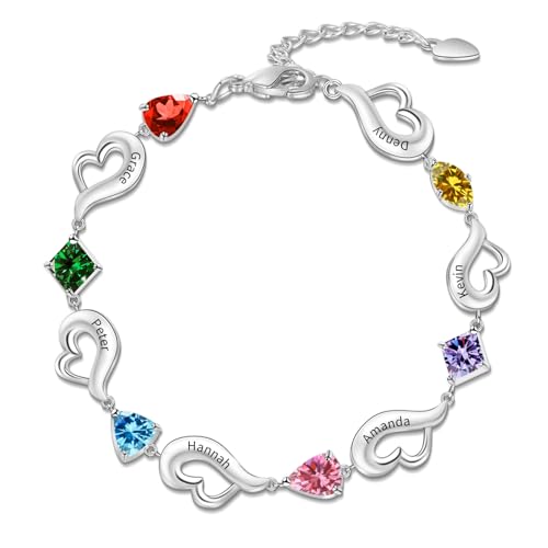 BAUMA AUTO Personalized Birthstone Bracelets for Women with 1-6 Birthstones Custom Heart Name Bracelet for Mother Gifts for Mother's Day, Birthday, Anniversary, Christmas