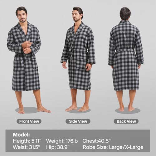 Image of FashGudim Mens Buffalo Plaid Cotton Robe Lightweight Bathrobe Shawl Collar Kimono Sleepwear Loungewear House Robes