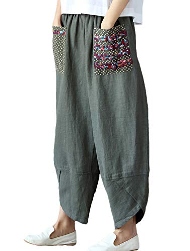 Tebreux Damen Baumwolle Leinen Hosen Weite 7/8 Sommerhosen Sommer Hippie Boho Haremshosen Armeegrün Medium Cover