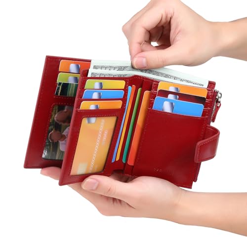 Glossy Bifold Wallet for Men Large Capacity Genuine Bifold Leather Men Wallets RFID Blocking,With amazing storage capacity,Can be Window pulled Up Wallet,Oil Waxed Wallet (Red)3