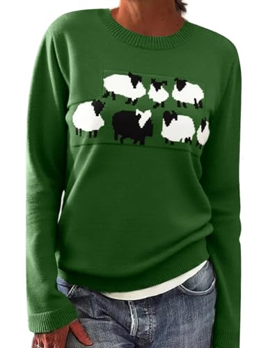 heekpek Maglione Donna Invernale Girocollo Pullover Maglione Caldo Norvegese Alpaca e Albero di Natale Maglia Manica Lunga Maglioncino Largo Maglioni, Verde Alpaca, XXL