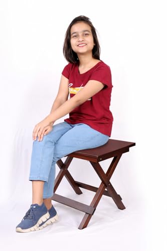 Image of fplus Teak Wood Mini Folding Table 15x15x18 Inches | Compact Foldable Stool-Table for Kids & Balcony