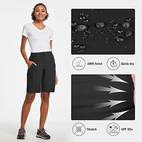 Baleaf Women's Long Hiking Bermuda Shorts 10" Quick Dry Stretch Golf Shorts With Pockets Upf 50+ For Camping, Work Black Size L #TOP1