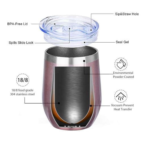 Image of MEZMUT 12 Oz Insulated Wine Tumbler with Lid Double Wall Vacuum Stainless Steel Wine Glass Coffee Mug Insulated Tumbler Cup for Champaign, Cocktail, Beer (Rose Gold, 1 Pack)