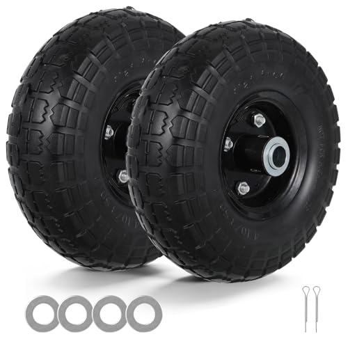 Image of 2 Pack Wheelbarrow Wheel Tyres 10 Inch Puncture Proof Solid Tyres with Accessories 4.10/3.50-4 Heavy Duty Tire Wheelbarrow Wheel Replacement Tire for Garden Trolley Truck Trailer, Black