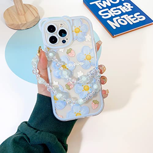Nititop Compatible For Iphone 12 Pro Case Clear Cute Flower Floral With Chain Beaded Lanyard Wrist Strap For Girls Women Pattern Soft Tpu Shockproof Protective Girly For Iphone 12 Pro-Blue Flower #TOP3