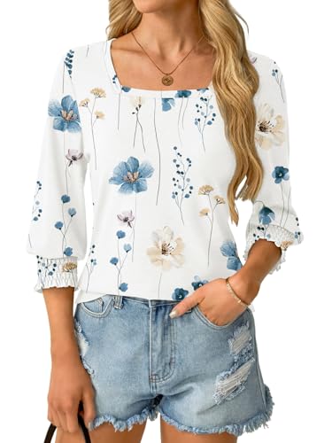 GKBK Womens 3/4 Sleeve Shirts Square Neck Dressy Casual Blouses Spring Summer Smocked Cuffs Tops White Floral — view 5