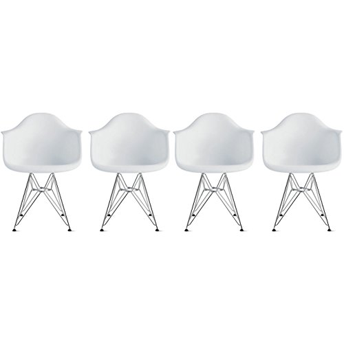 2Xhome - Set Of 4, White, Solid Wood Natural Legs Dinning Arm Chair, Molded Plastic Shell With Eiffel Dowel-Legs #TOP18