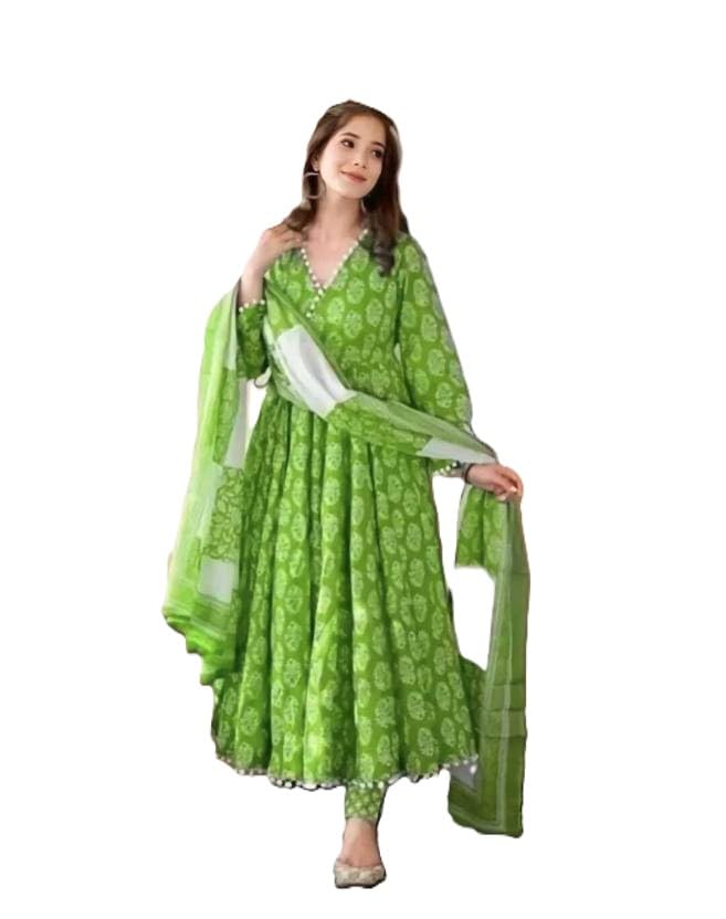 Traditional Anarkali Dress Set with Dupatta, Printed Cotton, Pearl Trim Details, V-Neck Long Sleeves-image-48