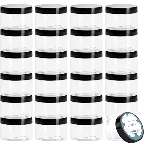 Qeirudu 4 oz Plastic Jars with Lids, 24 Pack Empty Clear Round Plastic Containers with Lids and Labels, Refillable Body Butter Containers for Cosmetic, Sugar Scrubs, Lotion, Creams