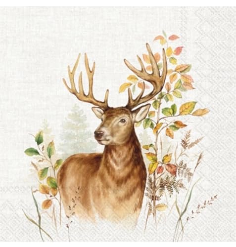 Set of 2 Individual Decoupage Paper Party Napkin Deer Elk Autumn Fall Buck Watercolor Decor Luncheon Napkins for a Birthday Holiday, Wedding, Cocktail Party