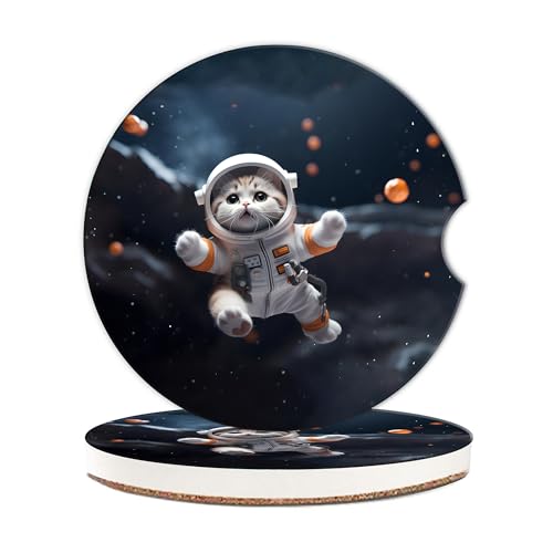 Portavasos para carros de cerámica, 2 piezas, diseño Cute Space Cat