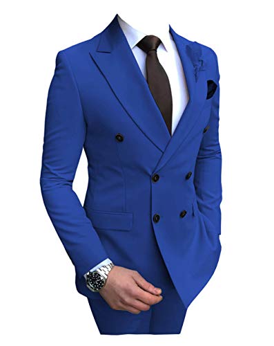 Mens Solid Suit 2 Piece Peak Lapel Double Breasted Blazer Premium Formal Suits