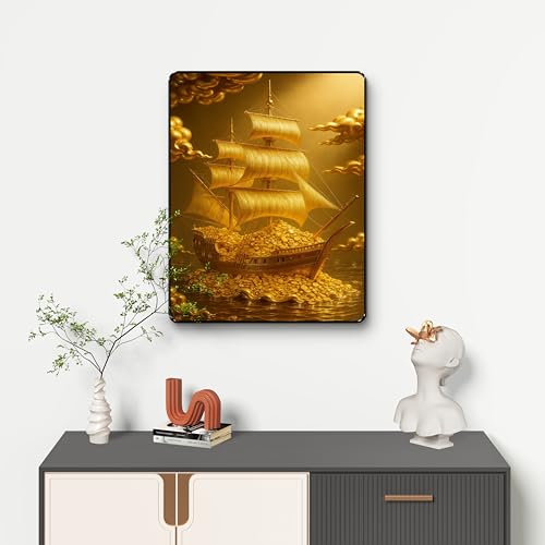 Image of SAF Golden Wealth Ship Wall Art | Treasure Ship Sailing Painting with Black Frame & Sparkle Lamination | Money Attraction Vastu Decor for Office Shop Home (14 Inch x 11 Inch) K-36114