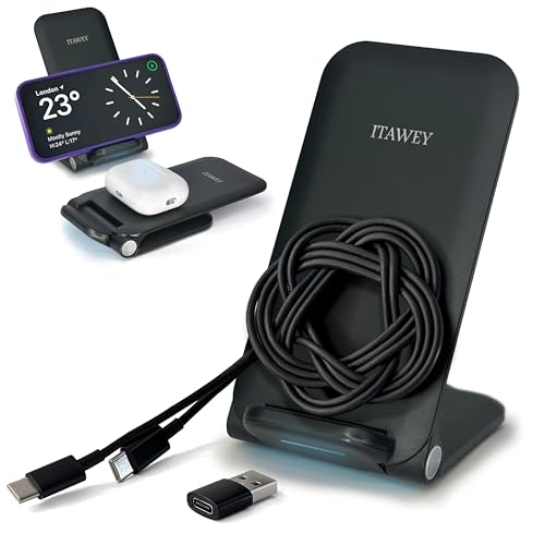 ITAWEY 15W Faltbarer kabelloser Ladestand, langes 1,5 m Kabel + Kabelkonverter, kompatibel mit iPhone 15, 14, 13, 12, 11, XS, XR X 8, Galaxy S24, S23, S22, S21, S20, S10, S9, S8, S7 (Grau Faltbar)