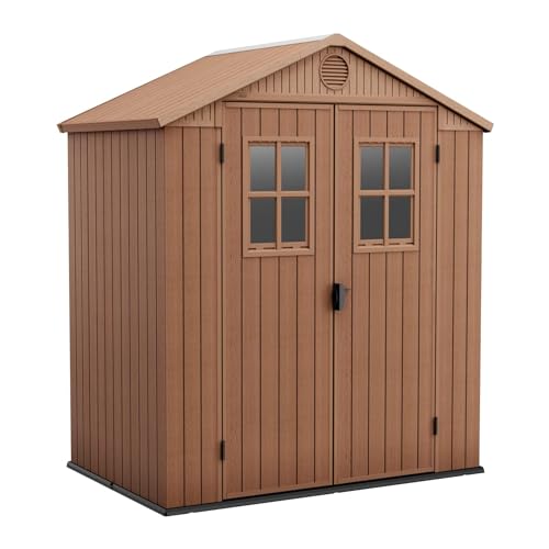 Mondo Viro - Caseta de resina de jardín 'Loto' con 2 puertas marrón efecto madera con 2 ventanas (mediana - 190 x 183 cm 221 h)