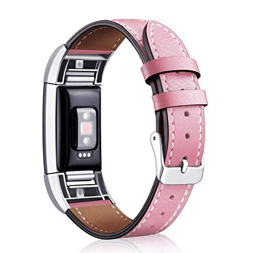 Mornex Replacement Leather Band Compatible with Fitbit Charge 2, Classic Genuine Leather Wristband for Men Women(Pink-Silver Buckle)