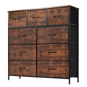 DUMOS Dresser for Bedroom, Storage Organizer with 9 Drawers, Chest of Drawers with Fabric Bins, Sturdy Metal Frame, Wood Tabletop for Guest Room, Closet, Entryway, Nursery
