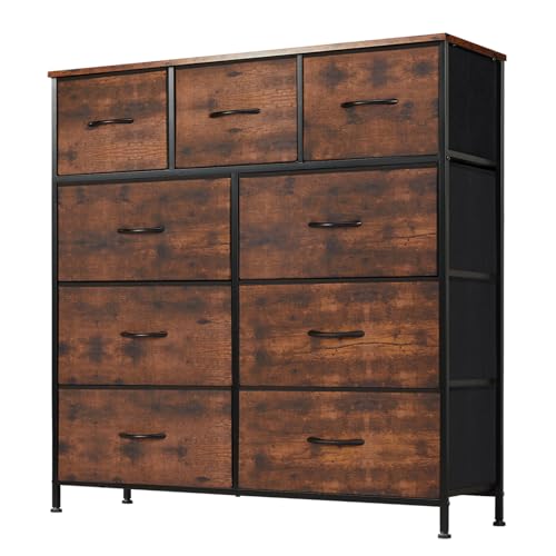 DUMOS Dresser for Bedroom, Storage Organizer with 9 Drawers, Chest of Drawers with Fabric Bins, Sturdy Metal Frame, Wood Tabletop for Guest Room, Closet, Entryway, Nursery