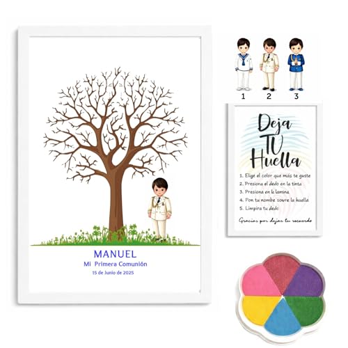 Didart Handmade Cuadro de árbol de Huellas Comunión niño. Modelo Tradicional. Marco, Tintas e Instrucciones Incluidas, Libro de visitas comunion niño. (TRADICONAL)