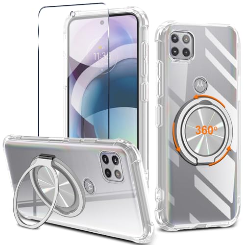 for Motorola Moto One 5G Ace/Moto G 5G/Moto One 5G UW Ace 2021 Phone Case with Screen Protector Ring Holder Kickstand/Stand [Non Yellowing] 4 Corners Shockproof Protective Cover Case - Crystal Clear
