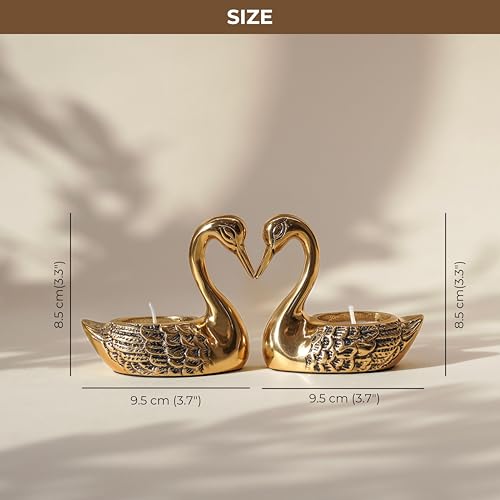 Image of BEHOMA Aluminium Pair of Love Swans with 2 Tea Lights, Golden | Decorative Romantic Showpiece for Home Decor Tabletop,Desktop, Cabinets|Festival Anniversary Wedding Birthday Couple Gift
