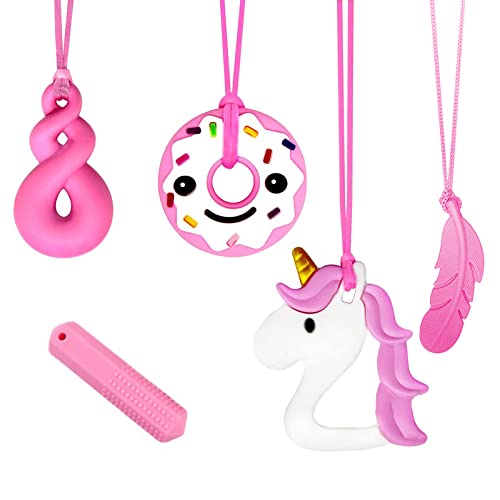 Collier à mâcher 5 jouets sensoriels pour bébés avec silicone de qualité alimentaire sans BPA licorne jouets de dentition pour autisme TDAH besoins mordants boucle réglable pour enfants (rose) Cover