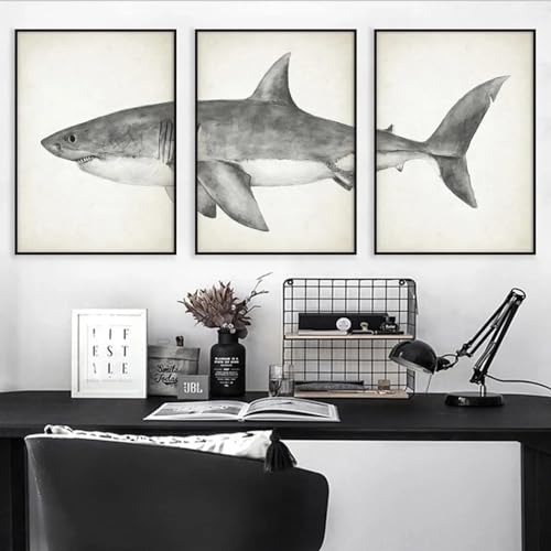Toile requins et baleines haute définition - Set de 3 affiches vintage sans cadre salon et chambre