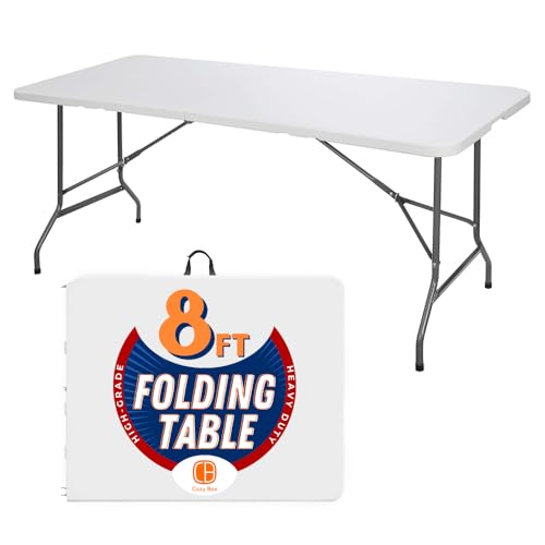 CozyBox Klapptisch für drinnen und draußen, robust, tragbar, zusammenklappbar, Kunststoff, Esstisch mit Griff, Schloss für Picknick, Party, Camping, Weiß (1,2 m, 1,8 m, 2,4 m)