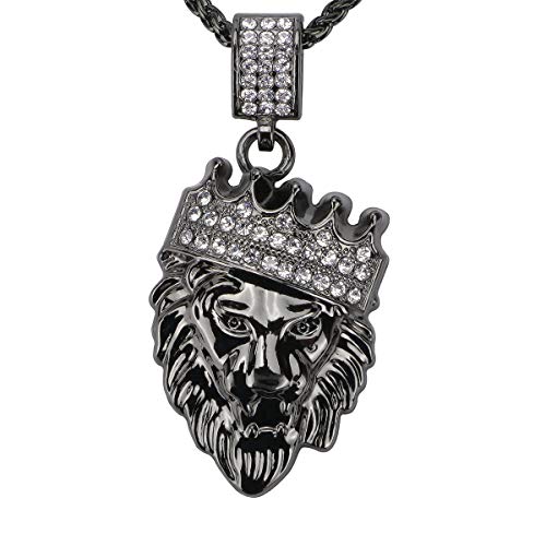 Suweibuke Crown Lion Head Pendant Necklace Iced Out Clear Rhinestones Curb Cuban Chain Stainless Steel Necklace Jewelry Gift