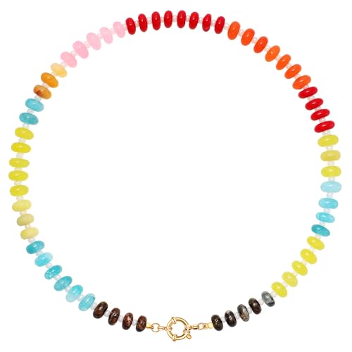 LALAPPLE Colorful Beaded Gemstone Necklace for Women, Boho Rainbow Bead Choker with Natural Stone Crystal Beads, Handmade Summer Beach Necklace Jewelry (E-rainbow4)