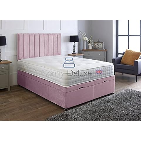 Comfy Deluxe LTD Velvetto Ottoman Gas Lift Bed With Vertical Lined Headboard And Memory Sprung Mattress | Foot Lift Open Ottoman Bed | Ottoman Bed Set (Rose Pink, 4.0FT Small Double) Cover