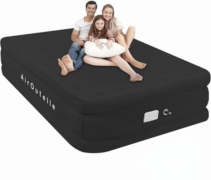 AirOutelle Colchón de aire tamaño Queen con bomba integrada, 18 pulgadas de altura, capacidad de 1200 libras, cama de aire recargable USB-C, para uso en interiores y exteriores, color negro