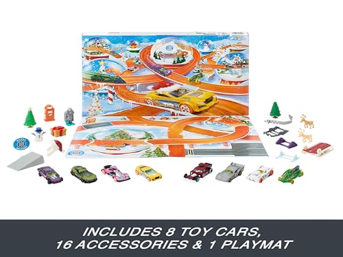 Hot Wheels Toy Cars, 2024 Advent Calendar, 8 Hot Wheels 1:64 Scale Cars, 16 Winter-Themed Accessories behind 24 Numbered Doors & a Playmat, HTG00 - Image 3
