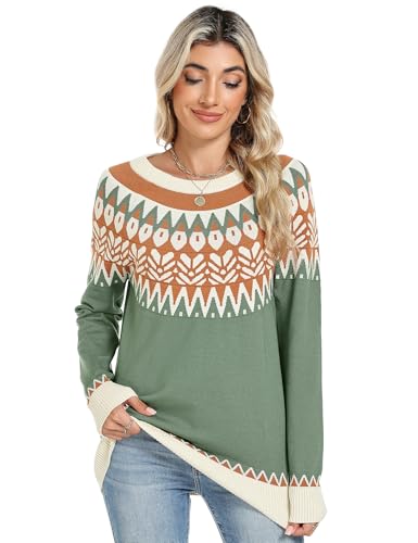 LOMON Womens Casual Lightweight Vintage Fair Isle Sweater Raglan Sleeve Crew Neck Knitted Pullover Comfy Warm Fall Tops4