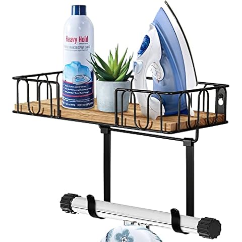 TJ.MOREE Ironing Board Hanger Metal Wall Mount Iron and Ironing Board Holder, Laundry Room Decor and Storage with Large Storage Black Wooden Base Basket and Removable Hooks Cover