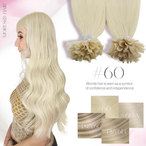 Image of Moresoo Human Hair Platinum Blonde U Tip Hair Extensions, 14'' #60, 40G /50S, Fusion, Straight, Unisex | 40g 50 strands, pre-bonded keratin tips, fine hair, platinum blonde match, shoulder-length hairstyles