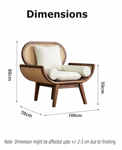 Image of Modern Rattan Cane Sofa with Curved Arms Wooden Frame, Beige Cushions and Throw Pillows Sofa for Living Room, Bedroom, Hallways (1 Seater)