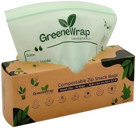 Compostable Snack Size Zip Bags 50 Count Extra Thick 2 mil Resealable, Leak-Proof, Freezer Safe Disposable Food Storage Bags, BPI and OK Compost Home Certified, ASTM D6400