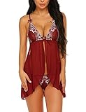 [page_title]-ADOME Negligee Sexy Damen Spitze Babydoll Dessous Set Reizwäsche Vorne öffnen Nachtwäsche Lingerie Erotik mit String, Dunkelrot, M
